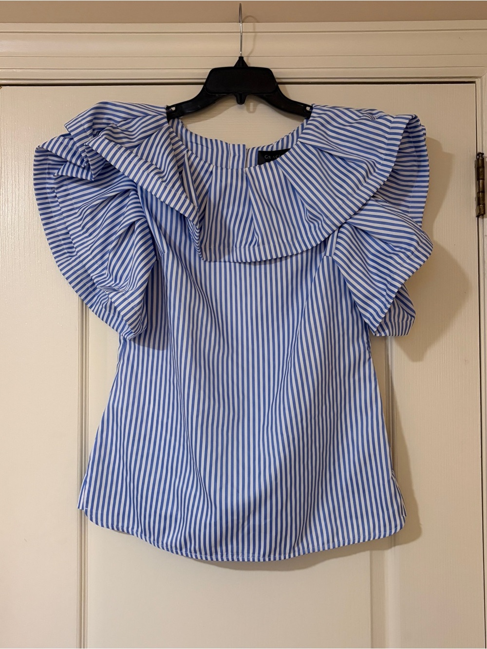 Gracia Blue and White Striped Ruffle Off-Shoulder Blouse
